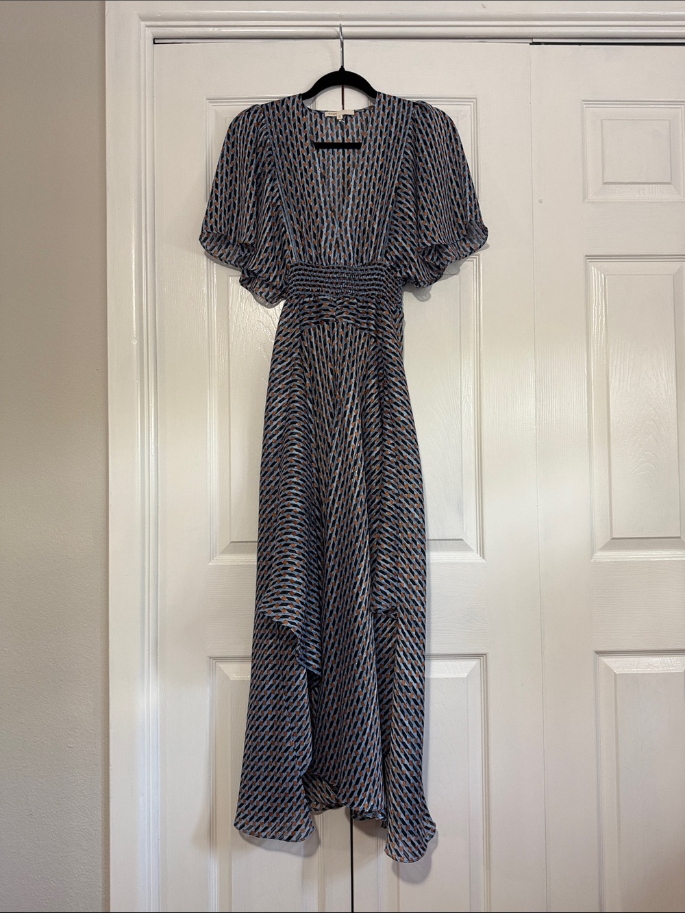 Maje Navy and Rust Patterned High-Low Midi Dress
